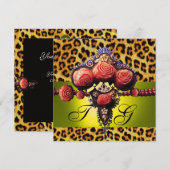 INVITATION ROSES CORAIL ROUGES JAUNE, MONOGRAMME PEAU DE LÉOP (Devant / Derrière)