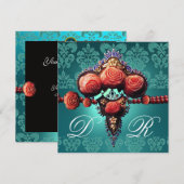 INVITATION ROSES CORAIL ROUGES, MONOGRAMME DAMASSÉ BLEU AQUA  (Devant / Derrière)