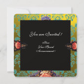 INVITATION ROSES CORAIL ROUGES, MONOGRAMME DAMASSÉ BLEU AQUAT (Dos)