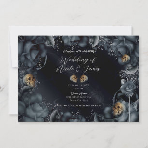Invitation Roses Crânes Bleu Gris Fumé Mariage Gothique