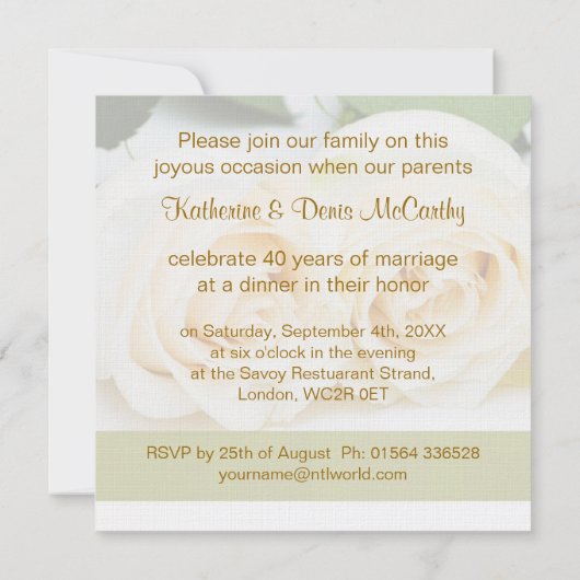 Invitation Roses crème blanches, 40e anniversaire de mariage (Dos)