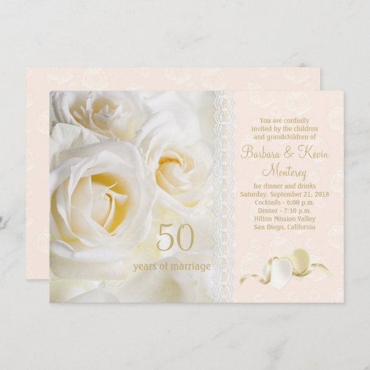 Invitation Roses crème blanches, cœurs 50e anniversaire de ma (Devant / Derrière)