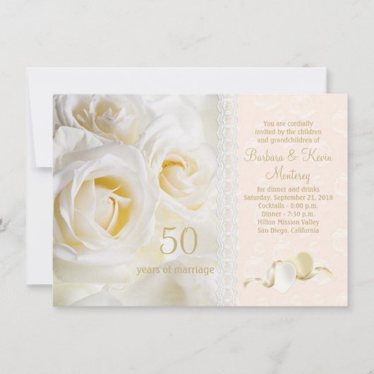 Invitation Roses crème blanches, cœurs 50e anniversaire de ma (Devant)