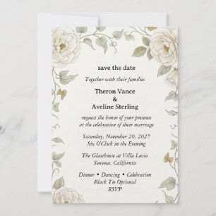 Invitation Roses Crème, Feuilles de Lierre, Feuillage Aquarel