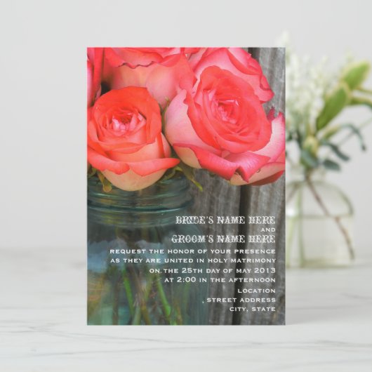 Invitation Roses Dans Un Mason Jar Grange Mariage En Bois Inv (Debout devant)
