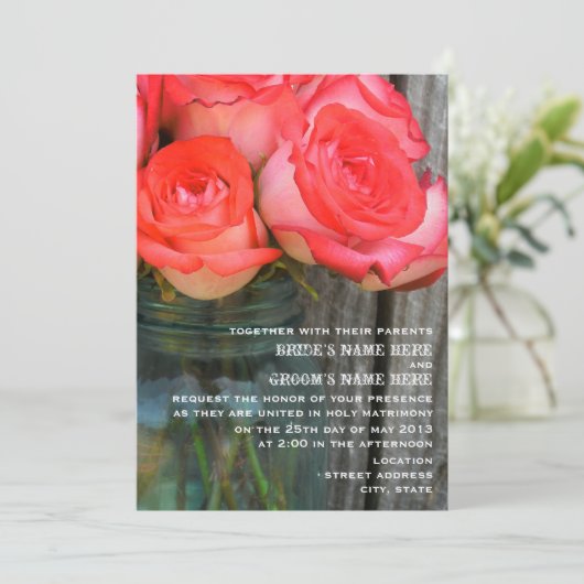 Invitation Roses Dans Un Mason Jar Grange Mariage En Bois Inv (Debout devant)