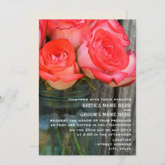 Invitation Roses Dans Un Mason Jar Grange Mariage En Bois Inv (Devant / Derrière)