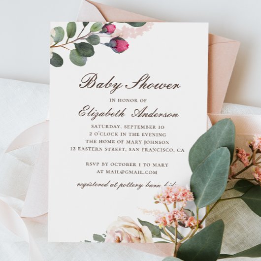 Invitation Roses d'aquarelle. Baby shower floral élégant