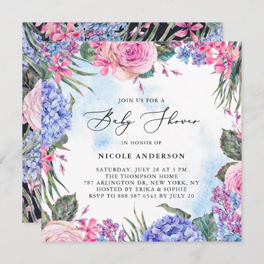 Invitation Roses d'aquarelle et Baby shower d'Hydrangeas (Devant / Derrière)