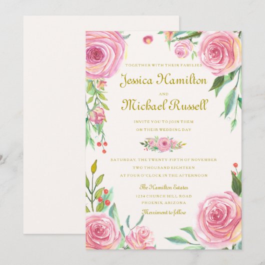 Invitation Roses d'aquarelle vintages (Devant / Derrière)
