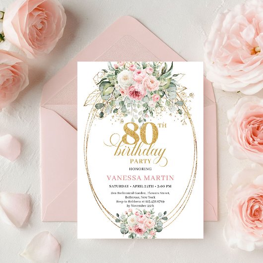 Invitation Roses de blush Boho intemporelles pour 80e anniver