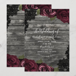 Invitation Roses de Bourgogne Bois Gris Dentelle Noire Mariag