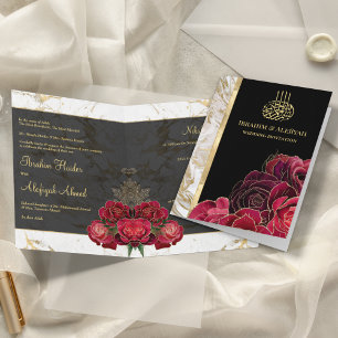Invitation Roses de Bourgogne Marbre Noir Or Musulman Mariage