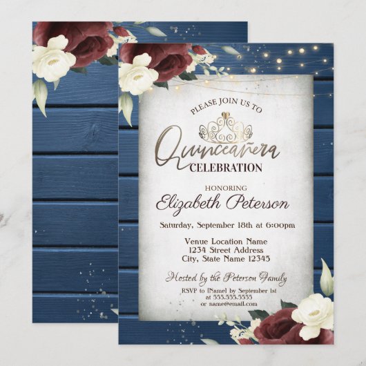 Invitation Roses de Bourgogne, Marine Blue Wood Quinceañera (Devant / Derrière)