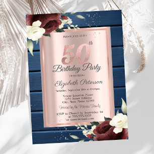 Invitation Roses de Bourgogne, Rose en Bois Bleu Or 50ème Ann