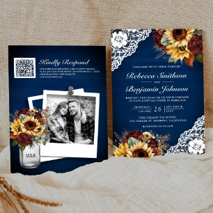 Invitation Roses de Bourgogne Tournesol Navy Dentelle Code QR