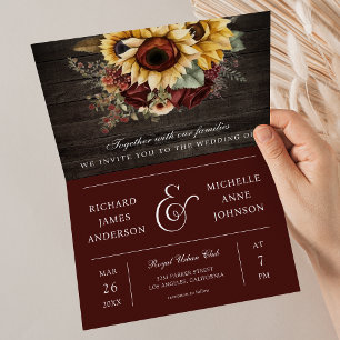 Invitation Roses de Bourgogne Tournesols Bois Code QR Mariage
