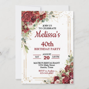 Invitation Roses de cadre rouge et or profond chaque année An