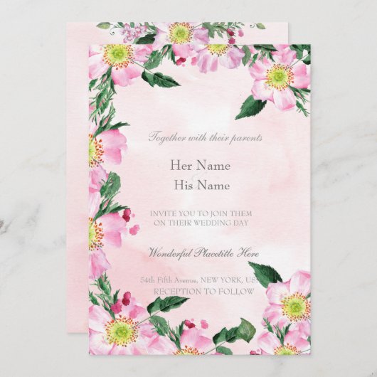 Invitation Roses de chien sur Mariage arrière - plan rose (Devant / Derrière)