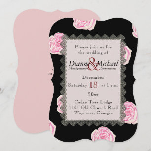 Invitation Roses de chou rose et Mariage de dentelle noire