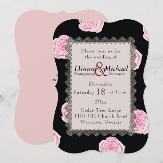 Invitation Roses de chou rose et Mariage de dentelle noire (Devant / Derrière)