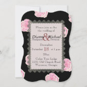 Invitation Roses de chou rose et Mariage de dentelle noire (Devant)