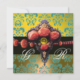 INVITATION ROSES DE CORAIL ROUGE, AQUA BLEU JAUNE DAMASK MONO