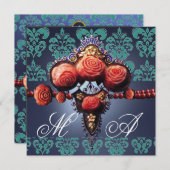 INVITATION ROSES DE CORAIL ROUGE, AQUA BLUE BLACK DAMASK MONO (Devant / Derrière)