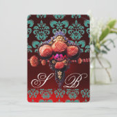 INVITATION ROSES DE CORAIL ROUGE, MONOGRAMME BLEU BLEU TURQUO (Debout devant)