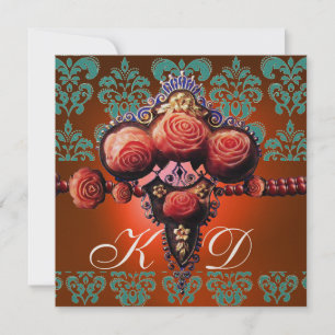 INVITATION ROSES DE CORAIL ROUGE, ORANGE BLUE BLACK DAMASK MO