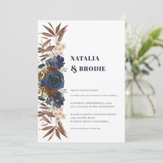 Invitation Roses de couleur bleu marine (Debout devant)