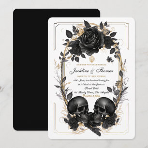 Invitation  Roses de crâne noir blanc or mariage gothique