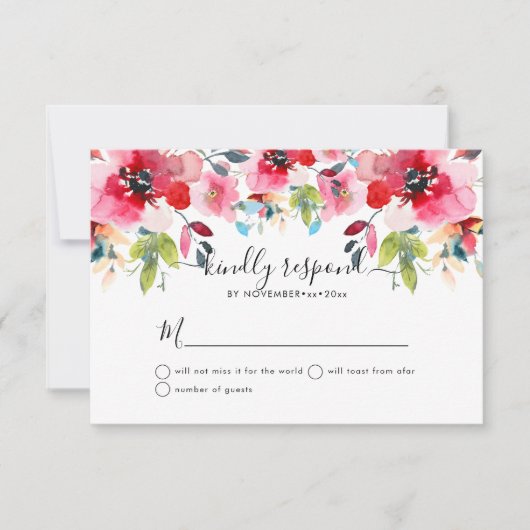 Invitation Roses de jardin d'aquarelle, Rouge Ombre RSVP (Devant)