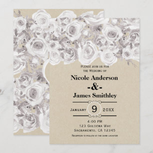 Invitation Roses de Kraft Rustiques Blanches pour Mariage d'H