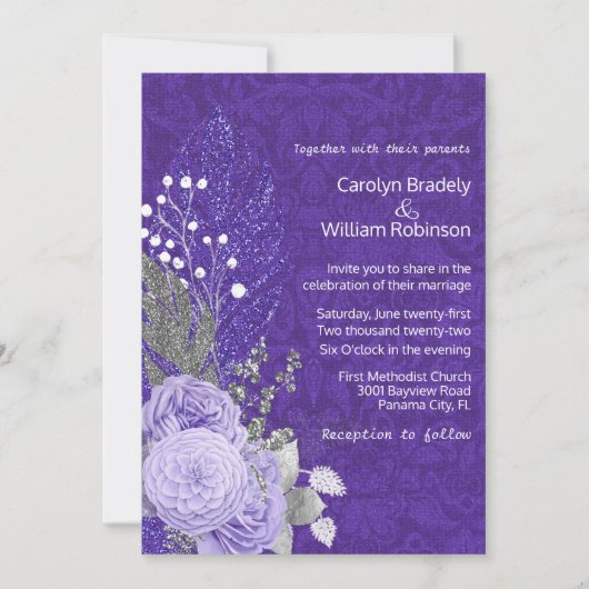 Invitation Roses de lavande sur mariage damassé violet (Devant)