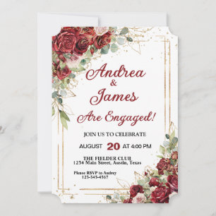 Invitation Roses de mariage cadre rouge profond et or