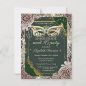 Invitation Roses de mascarade dorées Paillettes Vert Douce 16 (Devant)