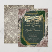 Invitation Roses de mascarade dorées Paillettes Vert Douce 16 (Devant / Derrière)