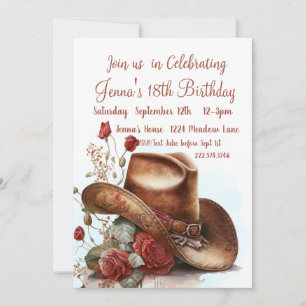Invitation Roses de pays, Casquette Cowboy, 18e anniversaire