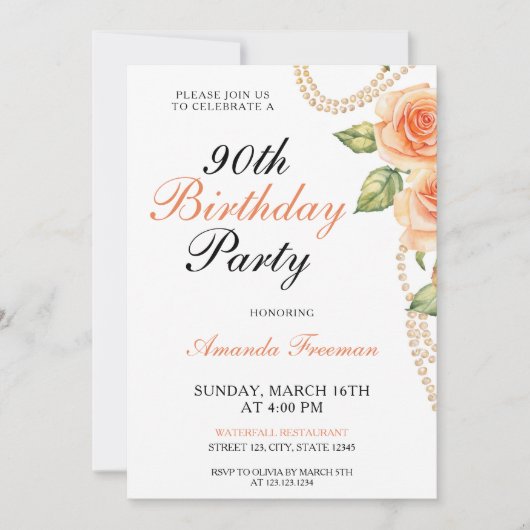 Invitation Roses de pêcher à l'aquarelle avec perles 90e anni (Devant)