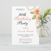 Invitation Roses de pêcher à l'aquarelle avec perles 90e anni (Debout devant)