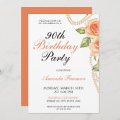 Invitation Roses de pêcher à l'aquarelle avec perles 90e anni (Devant / Derrière)