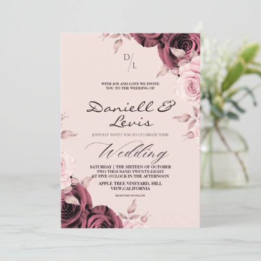 Invitation Roses de printemps ⎮ Mariage Rose Poussiéreuse (Debout devant)