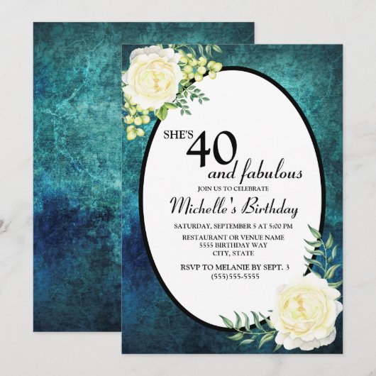 Invitation Roses de raisins sarcelles et blanches 40e anniver (Devant / Derrière)