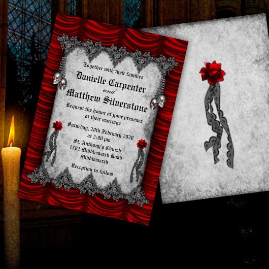 Invitation Roses de sang et Mariage gothique rouge soie