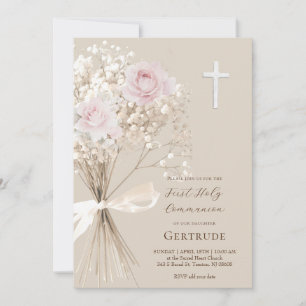 Invitation roses délicates et gypsophile Première Communion