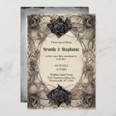 Invitation Roses d'encre gris d'aquarelle Vintage Mariage de  (Devant / Derrière)