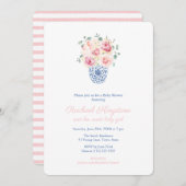 Invitation Roses D'Été Baby shower Fille Vase Bleu Et Blanc (Devant / Derrière)