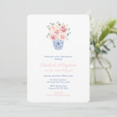 Invitation Roses D'Été Baby shower Fille Vase Bleu Et Blanc (Debout devant)