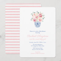 Roses D'Été Baby shower Fille Vase Bleu Et Blanc